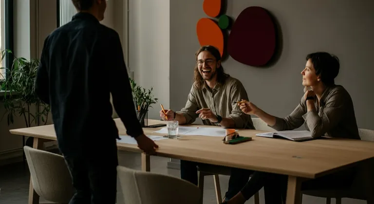 Réunion du comité de mission : trois collaborateurs échangent autour d’une table, dans un bureau lumineux, pour suivre les objectifs liés à la raison d’être.