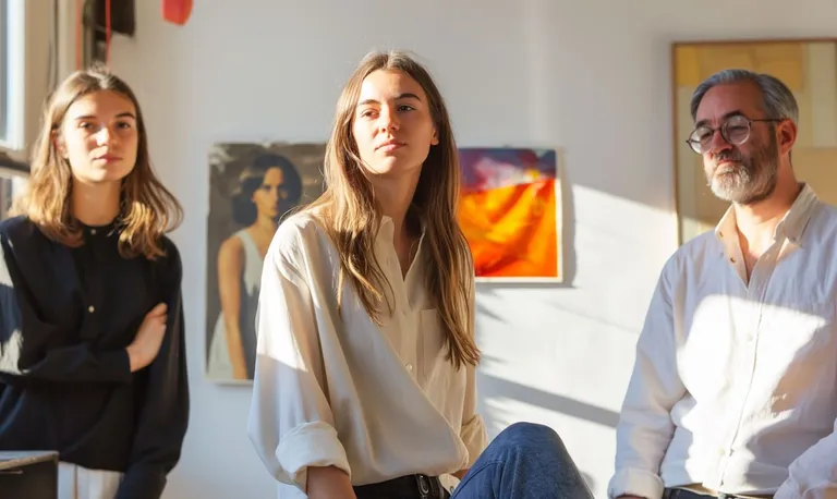 Trois personnes en discussion dans un espace lumineux avec des œuvres d’art en arrière-plan, illustrant l’engagement humain et collectif des sociétés à mission.